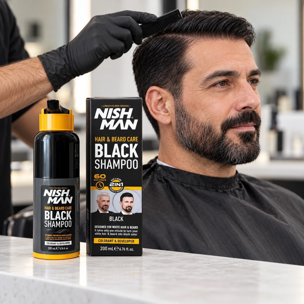 Шампунь-фарба Hair & Beard Color Shampoo Black — швидке зафарбовування сивини за 5 хвилин — фото 3
